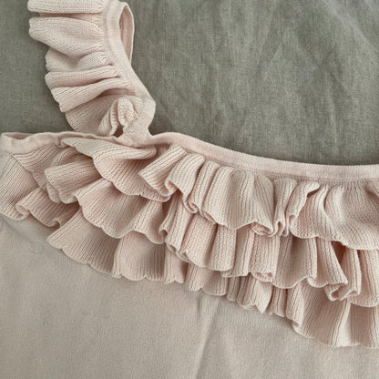 dainty image soft pink frilly ruffle tiered chest knit camisole with frill straps