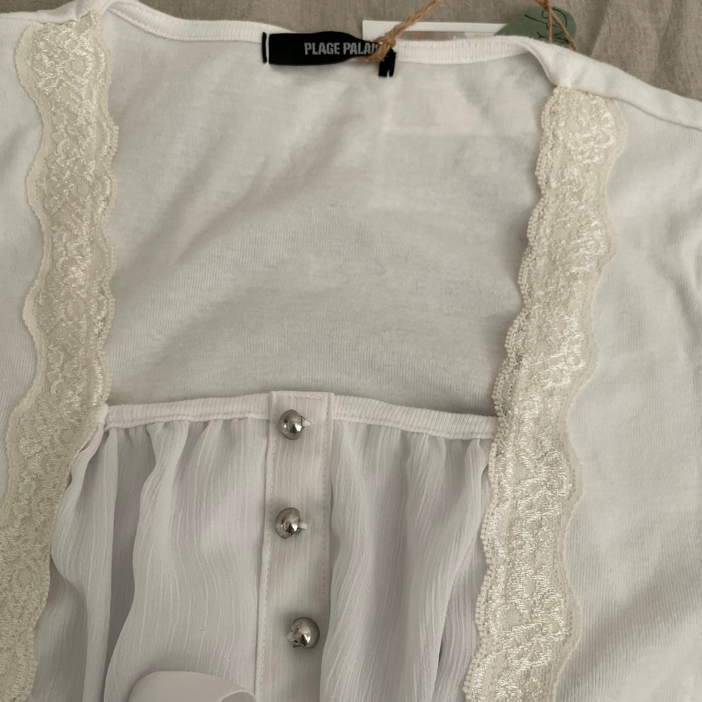 plage palais white short sleeve ribbon bow milkmaid blouse