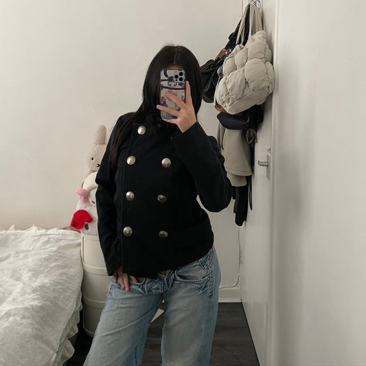 zucca faded black navy asymmetric collared button fitted jacket