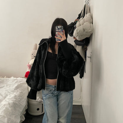 zucca black grey striped oversized batwing fur jacket
