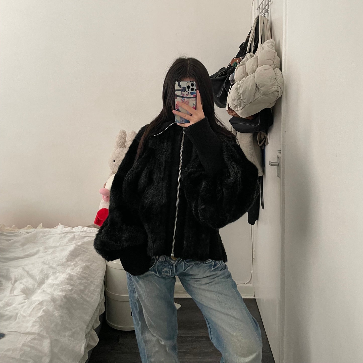 zucca black grey striped oversized batwing fur jacket