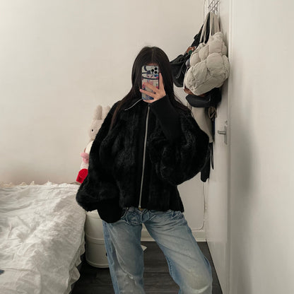 zucca black grey striped oversized batwing fur jacket