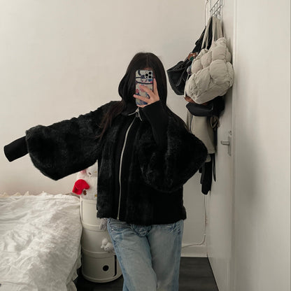 zucca black grey striped oversized batwing fur jacket
