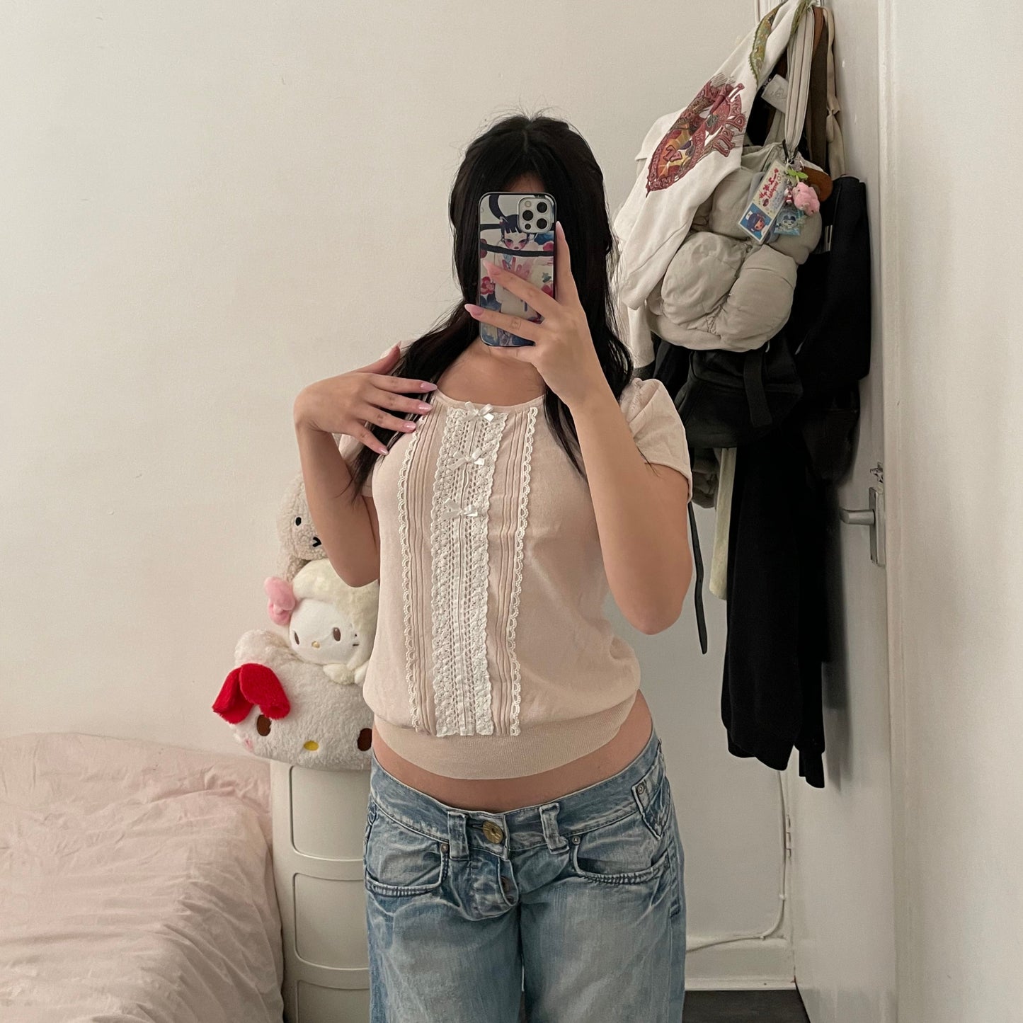 coquette dollette chanmeal beige pink white lacey bow short sleeve top