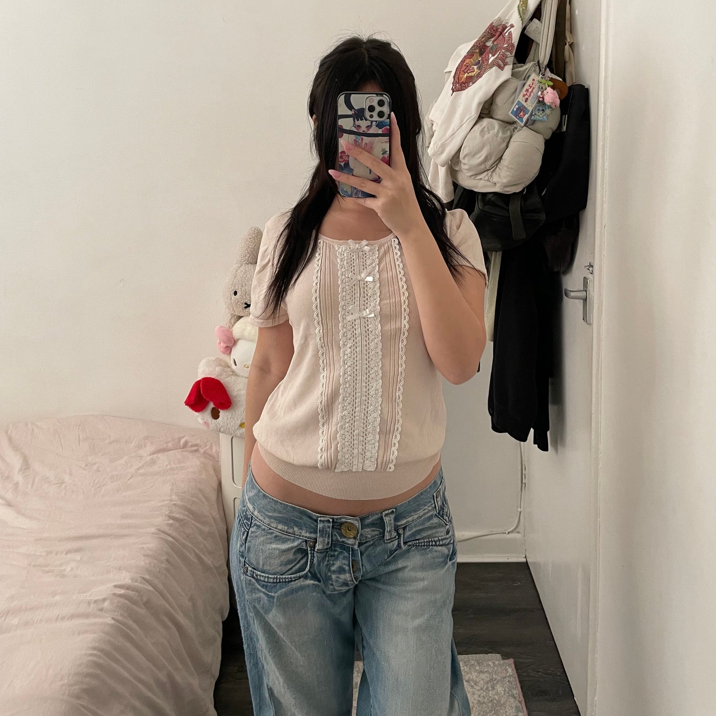 coquette dollette chanmeal beige pink white lacey bow short sleeve top