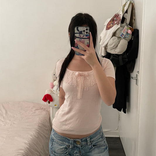 coquette ruffle soft pink lacey short sleeve top