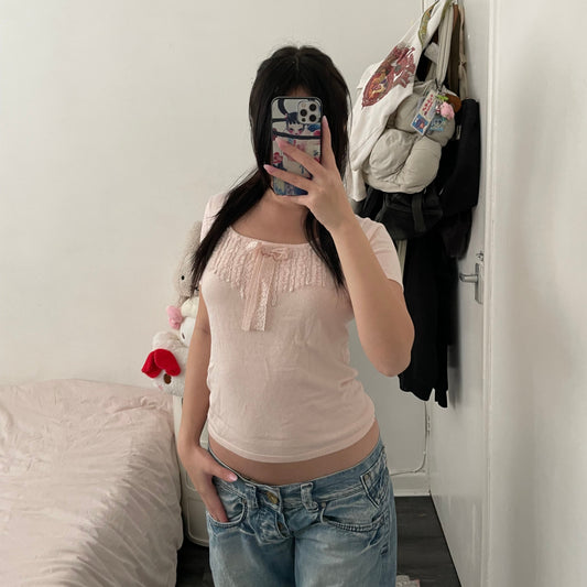 coquette ruffle soft pink lacey short sleeve top