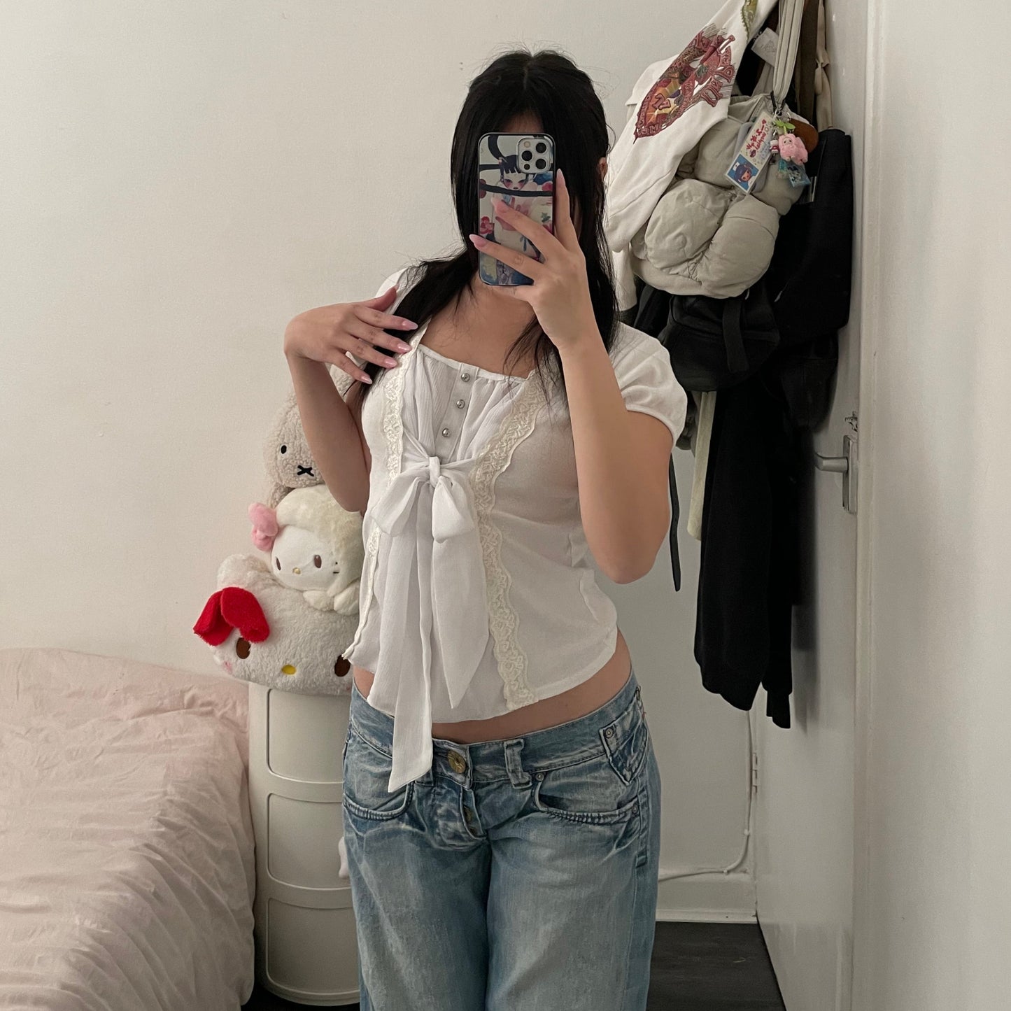 plage palais white short sleeve ribbon bow milkmaid blouse