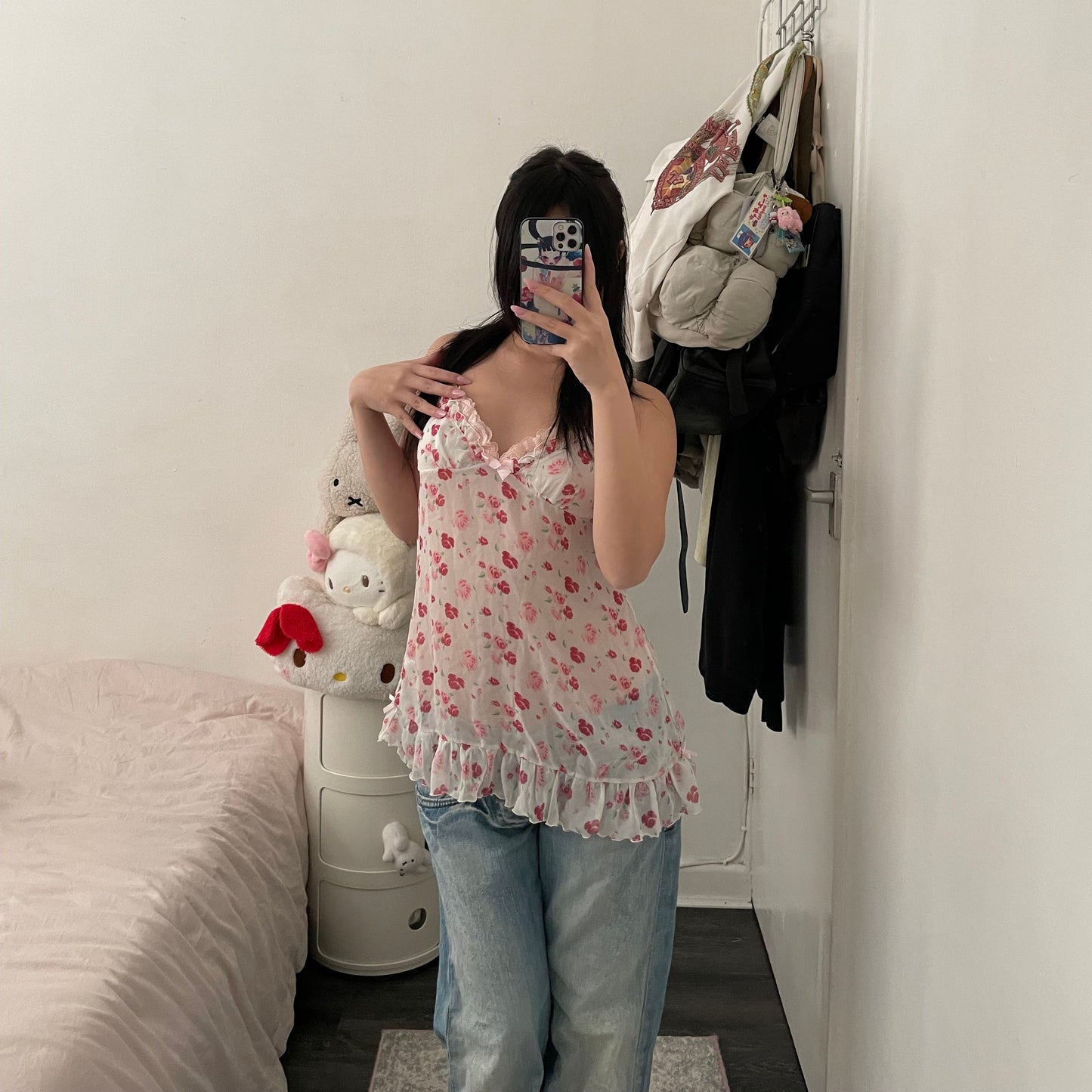 coquette y2k floral print pink ruffle white sheer babydoll camisole
