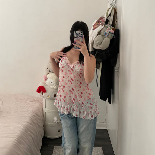 coquette y2k floral print pink ruffle white sheer babydoll camisole