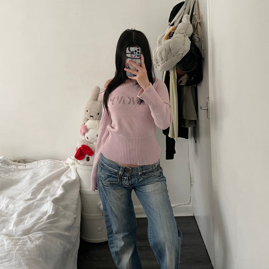 dkny baby pink long sleeve cinched hem ribbed knit top