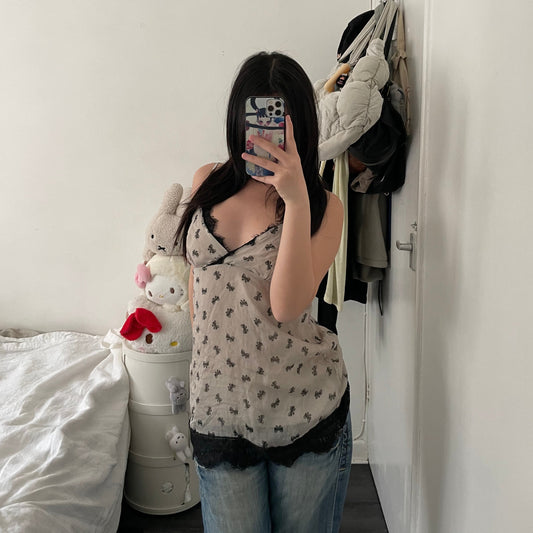 greige king kong ribbon bow print silk camisole