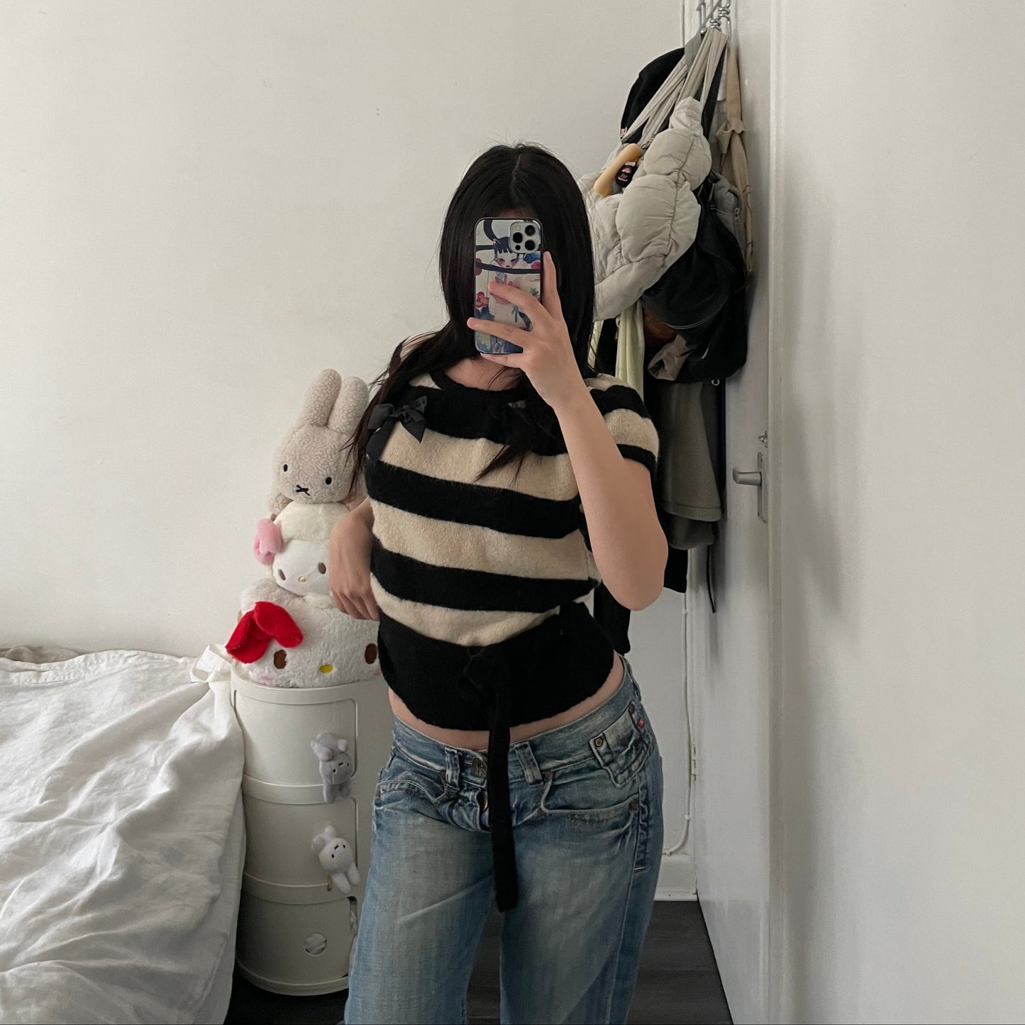 fornarina mohair blend white black puff sleeve knit