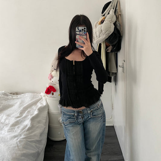 morgan de toi layered black faux cardigan + ruffle blouse two in one zip top