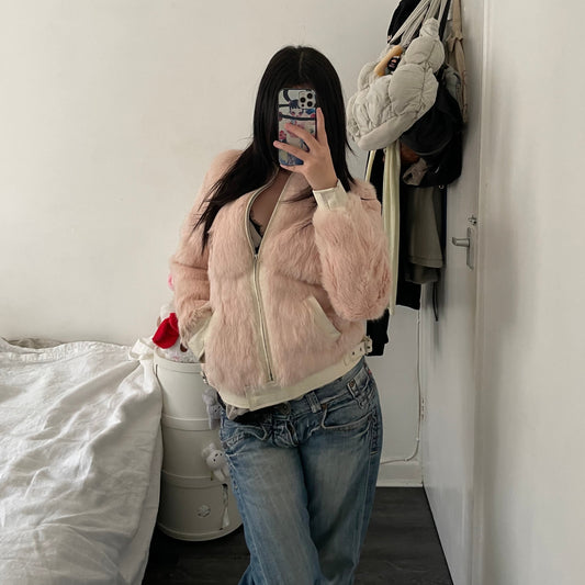 brownie bee soft pink rabbit fur x white leather rider jacket