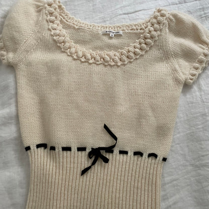 prideglide cream puff sleeve mohair blend knit top with black ribbon waist detail