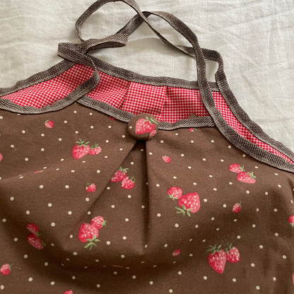 chocolate brown strawberry print granny tote bag with cute strawberry button