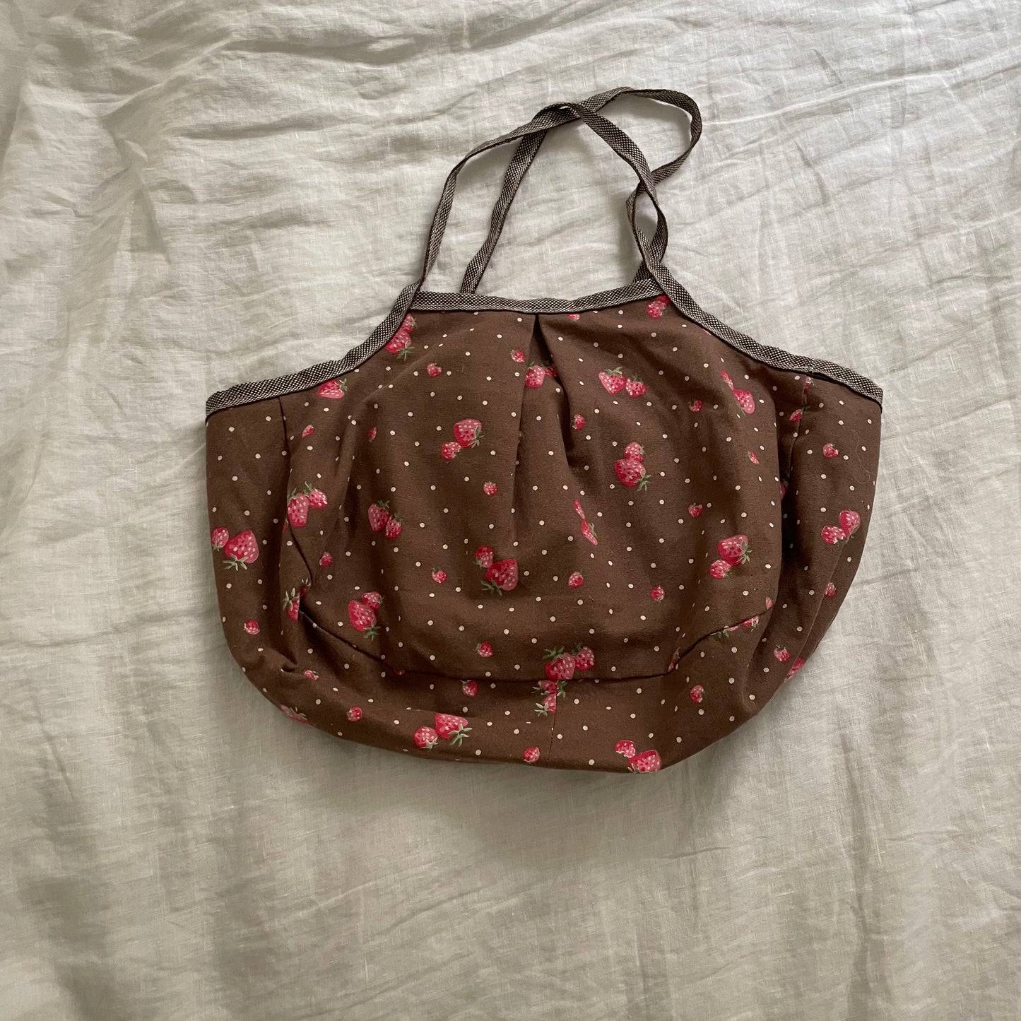 chocolate brown strawberry print granny tote bag with cute strawberry button