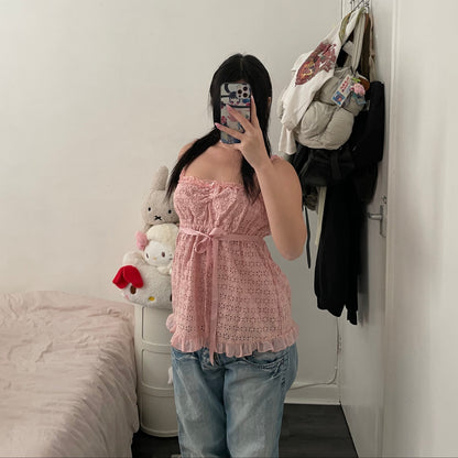 epine pink ruched broderie anglaise babydoll camisole with adjustable waist ribbon