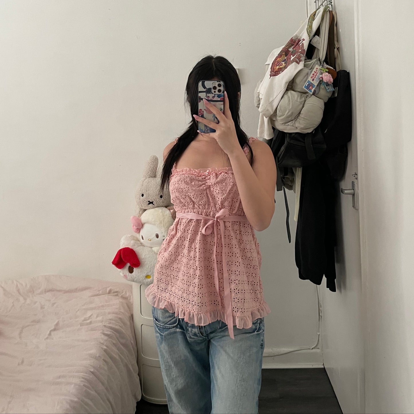 epine pink ruched broderie anglaise babydoll camisole with adjustable waist ribbon