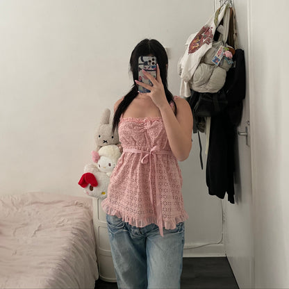 epine pink ruched broderie anglaise babydoll camisole with adjustable waist ribbon