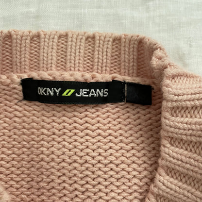 dkny preppy baby pink sporty cropped fitted sweater with khaki trim