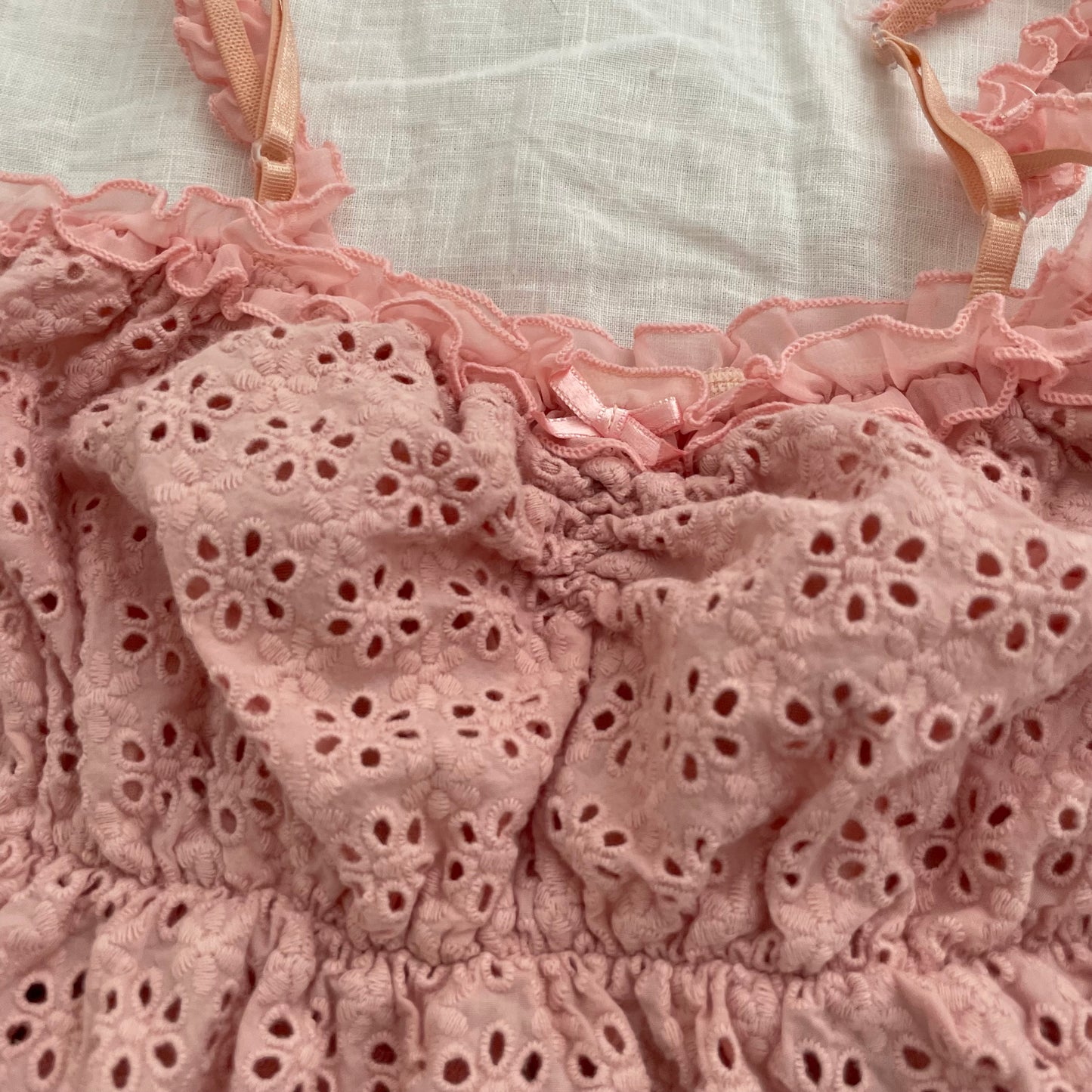 epine pink ruched broderie anglaise babydoll camisole with adjustable waist ribbon