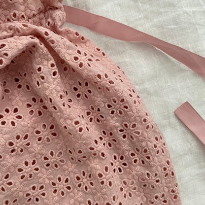 epine pink ruched broderie anglaise babydoll camisole with adjustable waist ribbon
