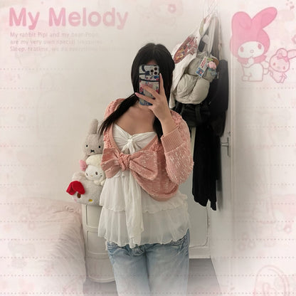 coquette pink liz lisa ruffle crochet lace collar crop bolero cardigan + cute bow