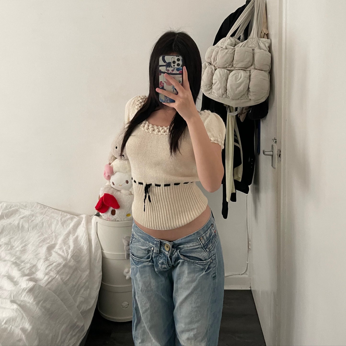 prideglide cream puff sleeve mohair blend knit top with black ribbon waist detail