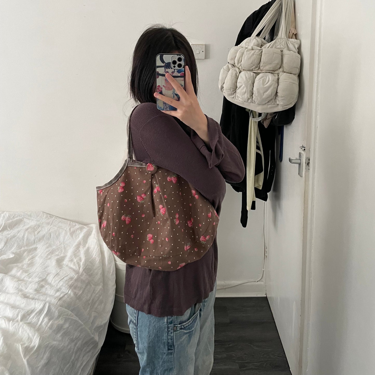 chocolate brown strawberry print granny tote bag with cute strawberry button