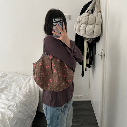 chocolate brown strawberry print granny tote bag with cute strawberry button