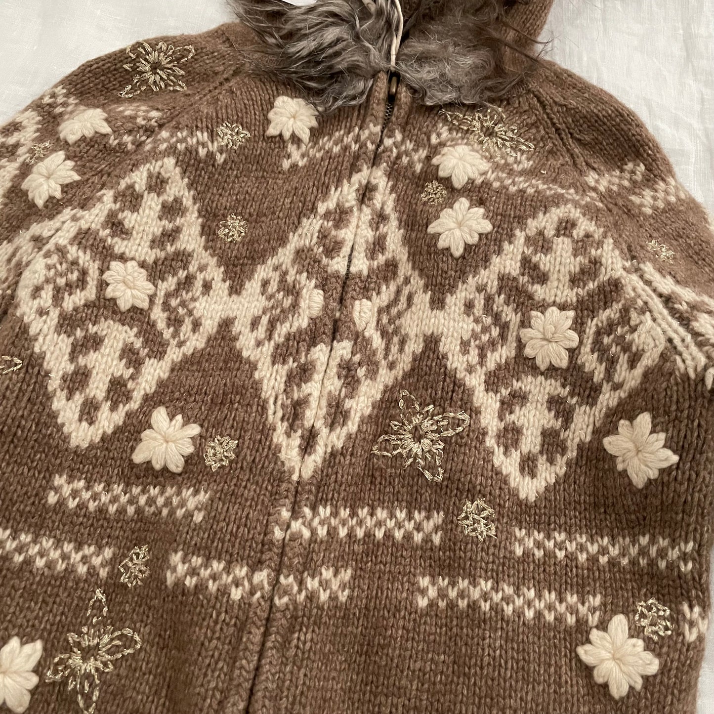 espirit brown x white winter print wool knit jacket with fur trim collar hood