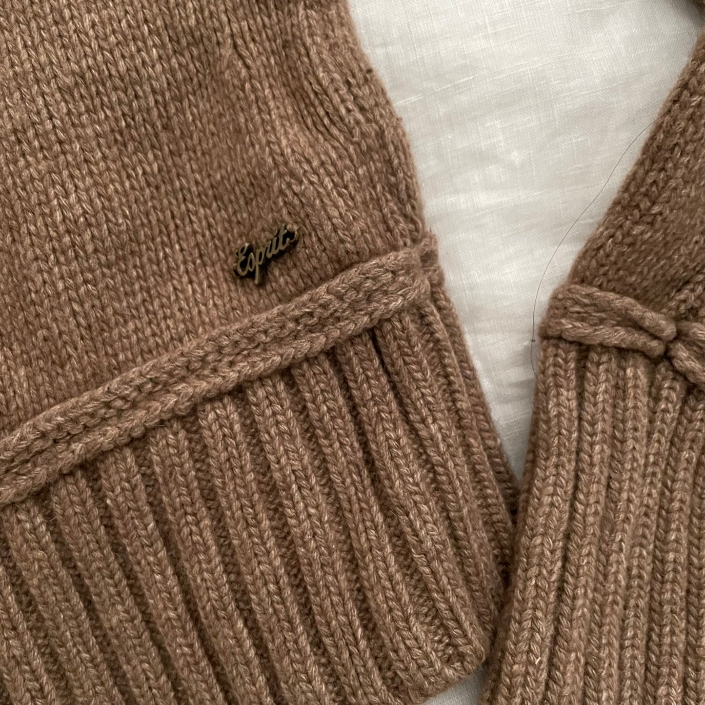 espirit brown x white winter print wool knit jacket with fur trim collar hood