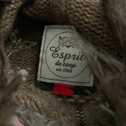 espirit brown x white winter print wool knit jacket with fur trim collar hood