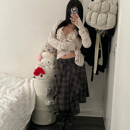 xanaka brown check asymmetric midi skirt