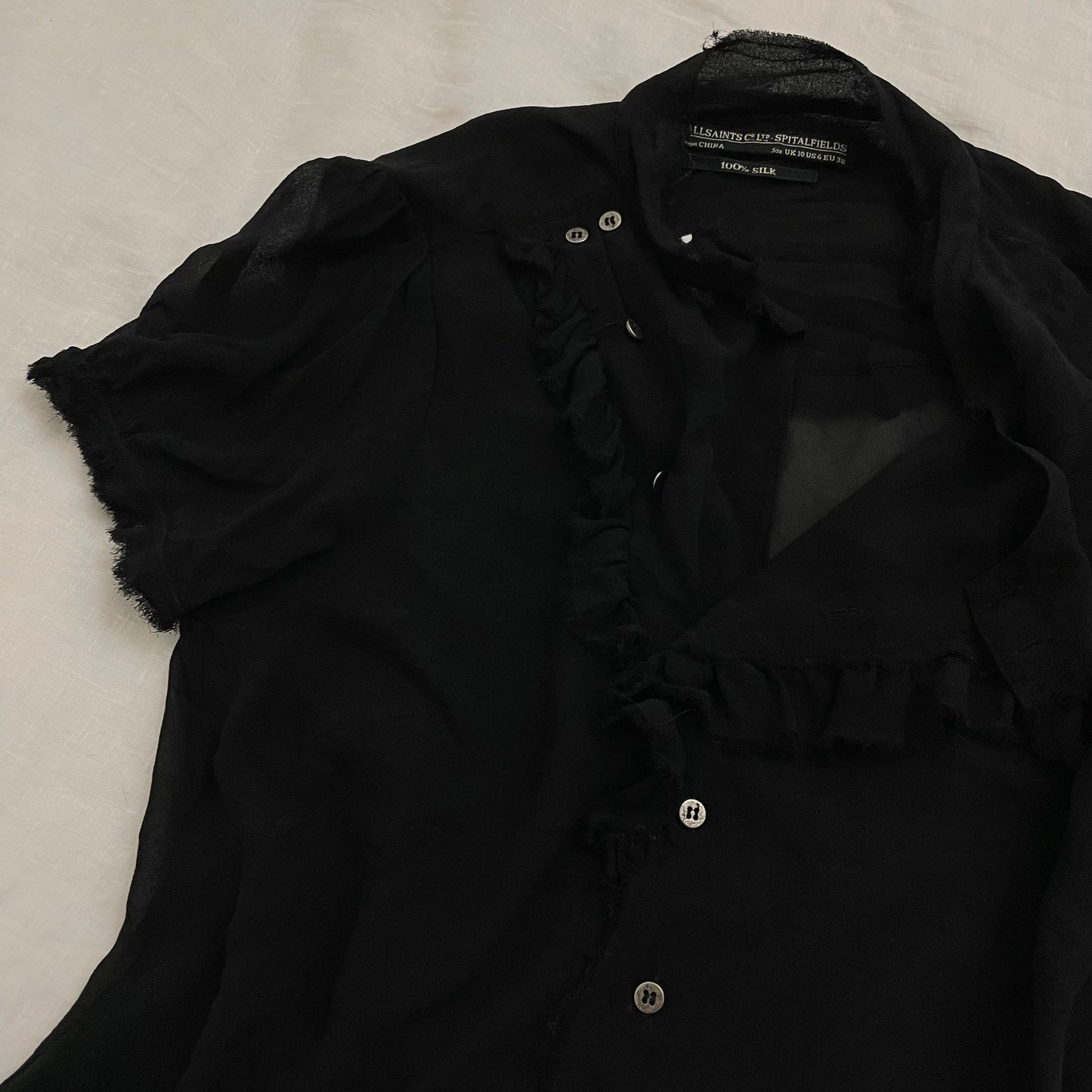 vintage 90s allsaints silk archival black puff sleeve asymmetric ruffle blouse