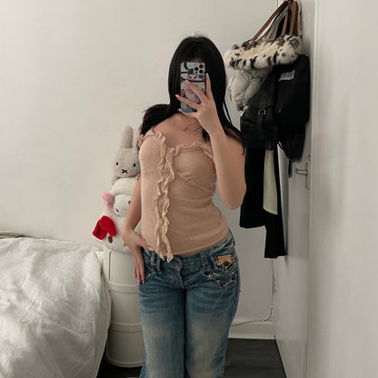 madame a paris peachy beige soft knit ruffle bustier camisole