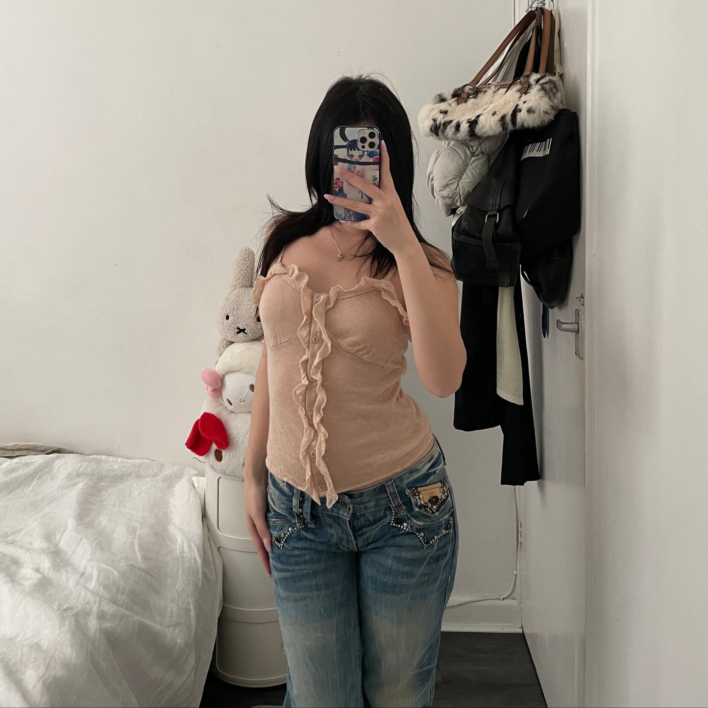 madame a paris peachy beige soft knit ruffle bustier camisole