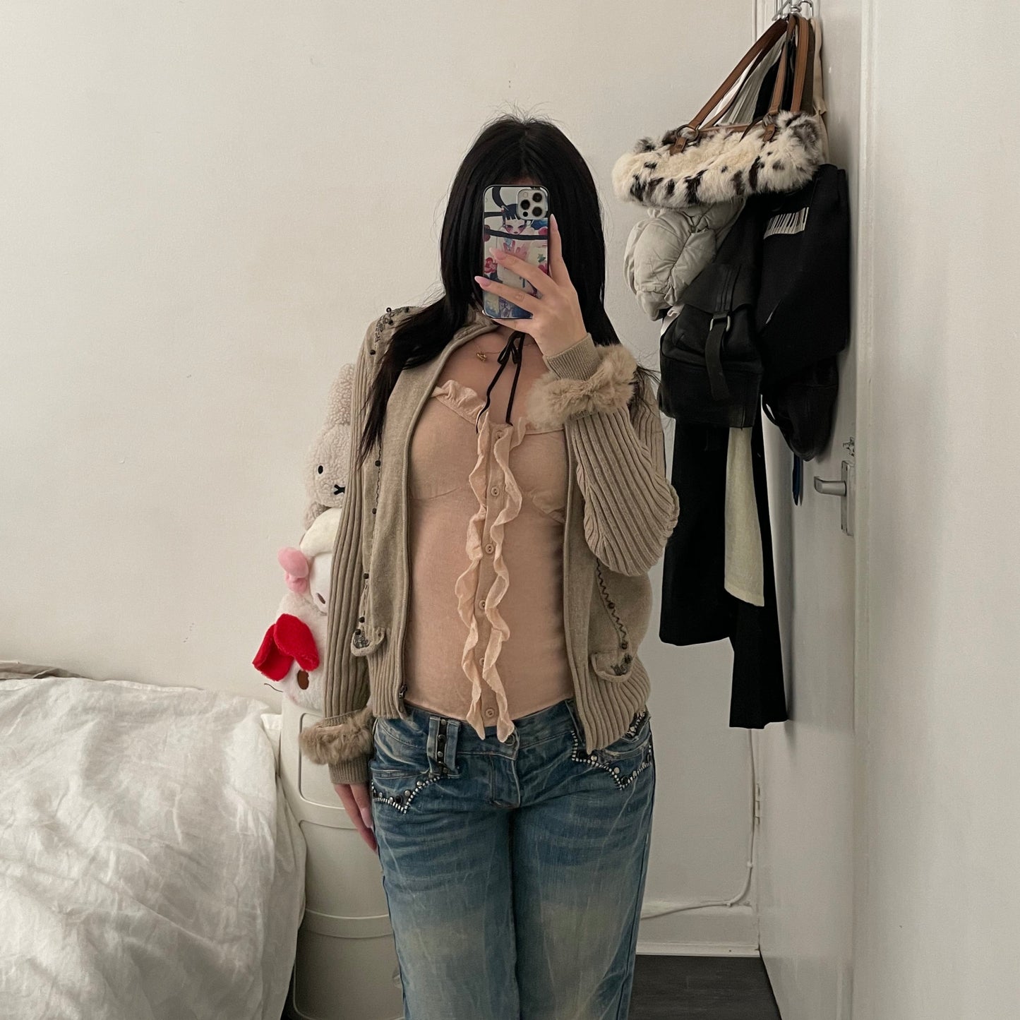 ivisuto beige brown rabbit fur collar embroidery wool knit cardigan jacket