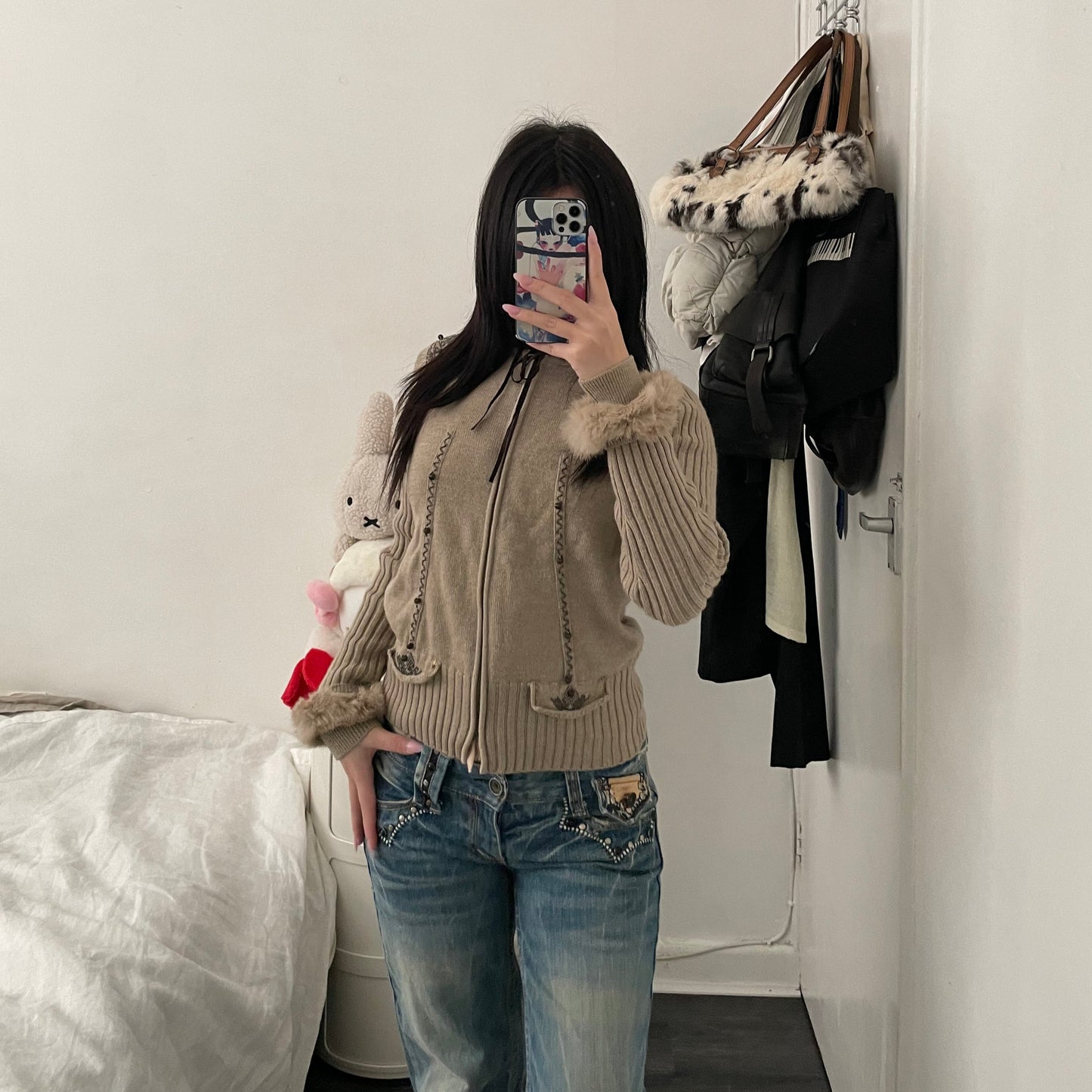 ivisuto beige brown rabbit fur collar embroidery wool knit cardigan jacket
