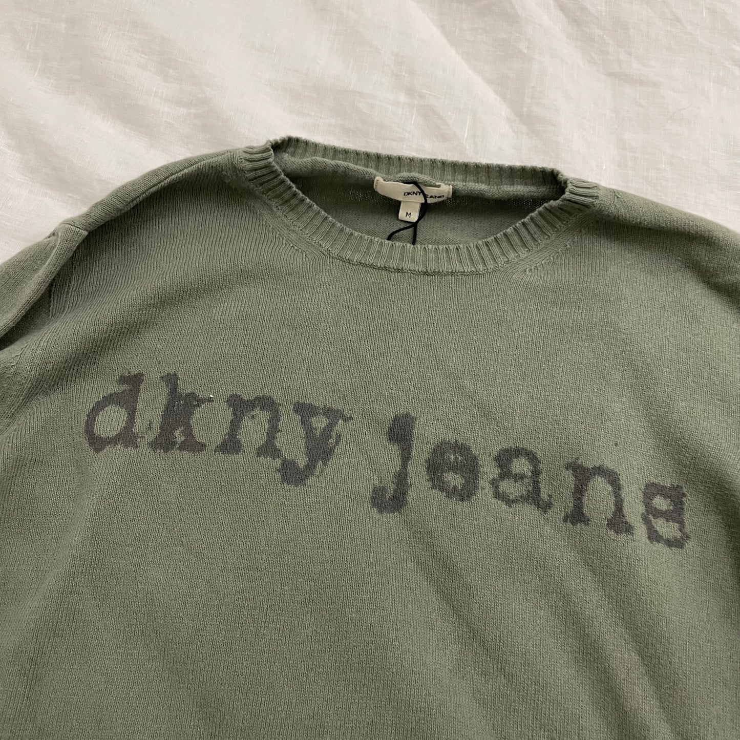 khaki green vintage dkny text print ribbed collar knit sweater