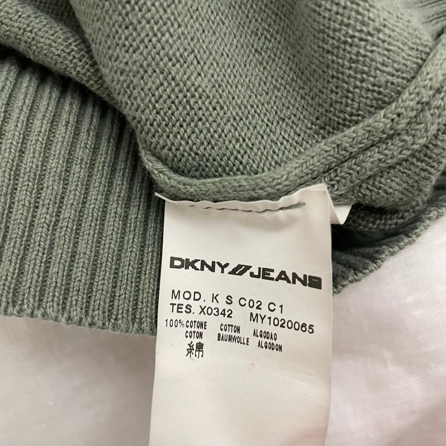 khaki green vintage dkny text print ribbed collar knit sweater