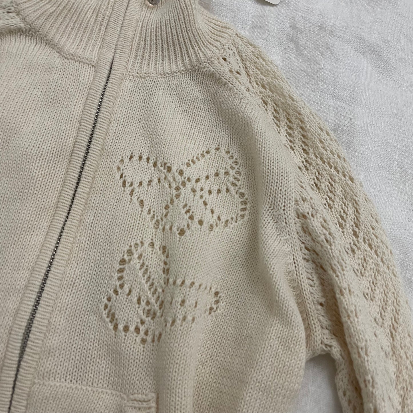 off white rebecca taylor crochet butterfly pointelle long sleeve blouson knit jacket