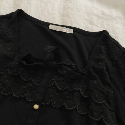 lover girl ruffle collar long sleeve neckline ribbon detail faux button top