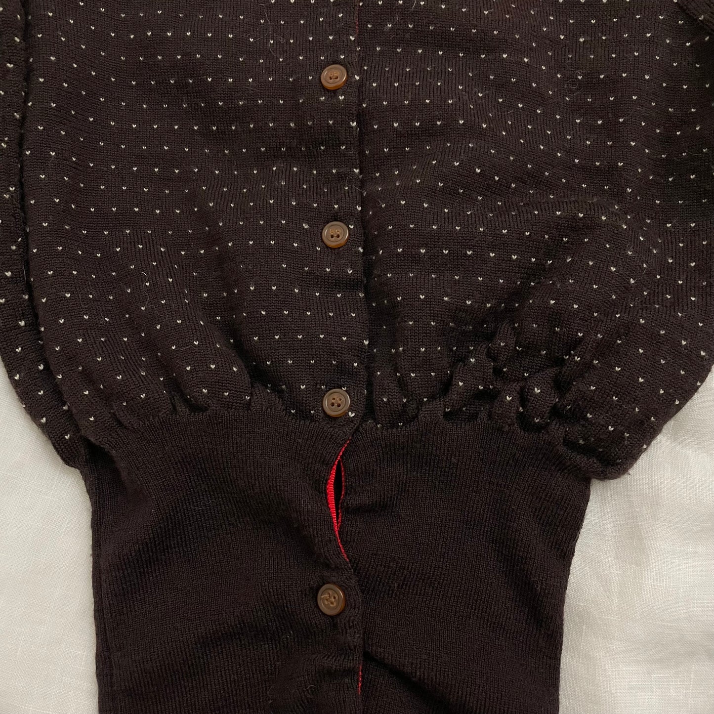 vivienne westwood red label chocolate brown polka dot print cinched waist wool cardigan