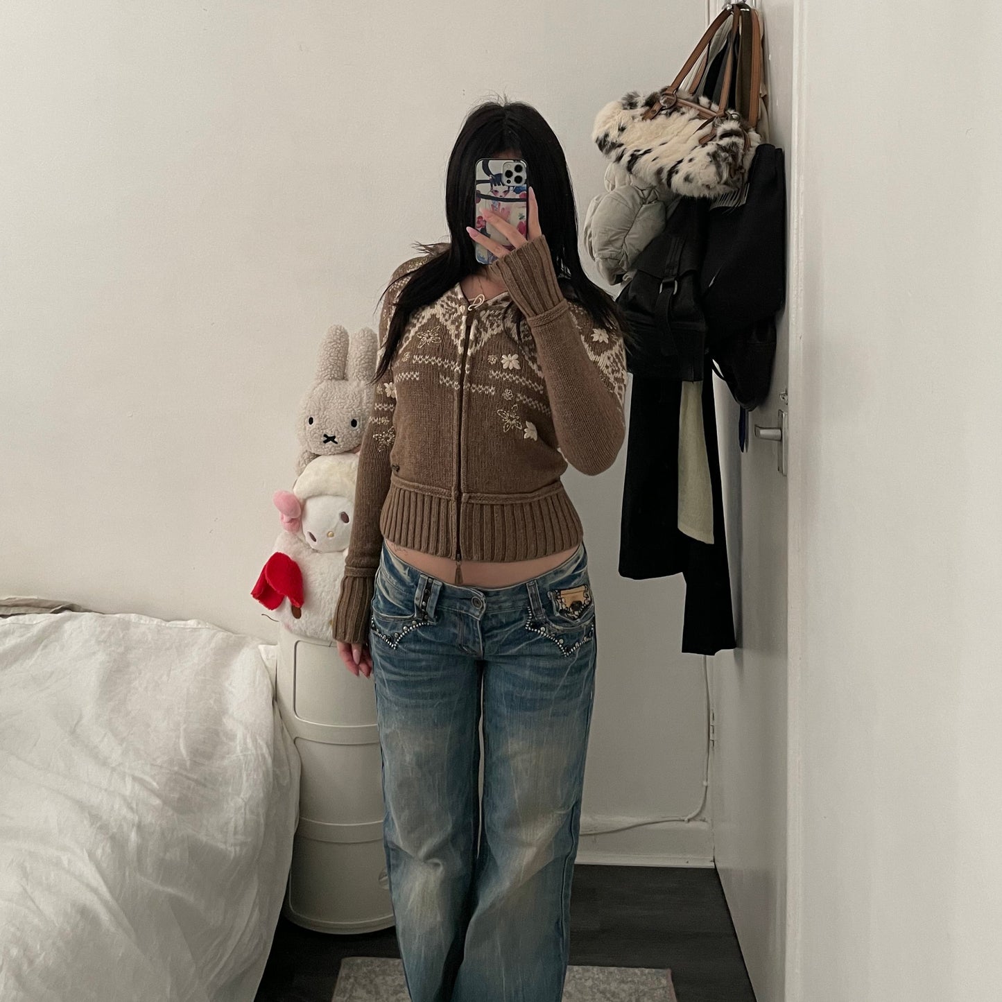 espirit brown x white winter print wool knit jacket with fur trim collar hood