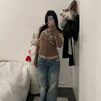 espirit brown x white winter print wool knit jacket with fur trim collar hood