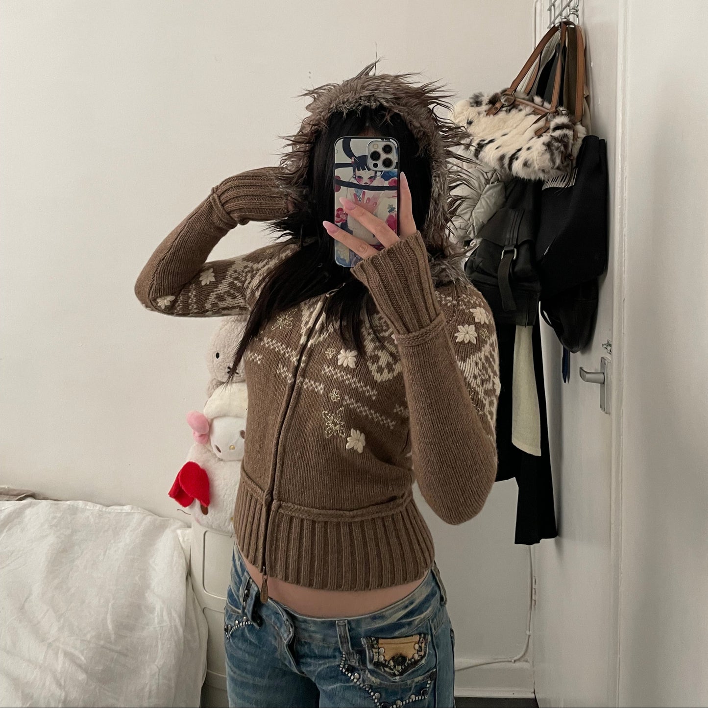 espirit brown x white winter print wool knit jacket with fur trim collar hood