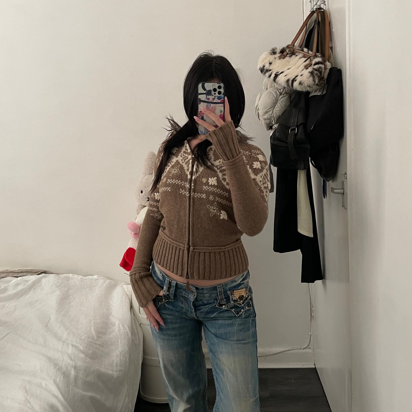 espirit brown x white winter print wool knit jacket with fur trim collar hood